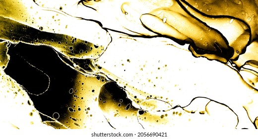 Golden Oil Paint Pattern. Alcohol Ink. Yellow Oil Paint Texture. Colour Water Diffusion. Lemon Dirty. Abstract Color Paintings. Black Marble Background Trendy.