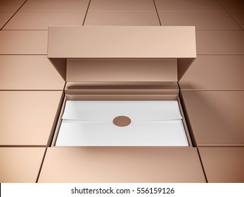 Golden Opened Box Mockup With White Wrapping Paper And Sticker, 3d Rendering