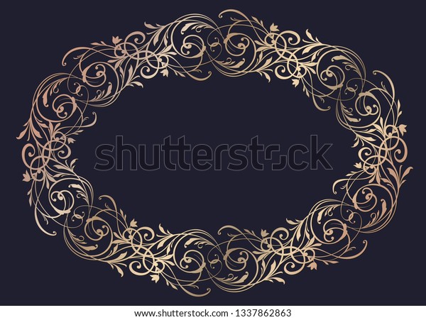 Golden Ornament frame with brushes element and\
space for text. Floral ornate Wreath and brush isolated on black\
background . Horisontal oval Element. Vintage frame for Save the\
Date Card,\
Wedding