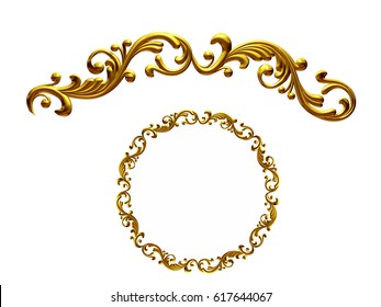 goldenes Ziersegment, "spielerisch", runde Version für 90 Grad Winkelecken oder Rahmen. 3D-Illustration einzeln auf Weiß