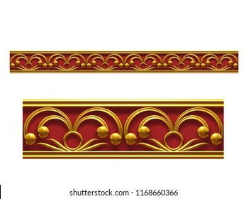Golden, Ziersegment, "Rottuch", gerade Version für Fries, Rahmen oder Rahmen. 3D-Illustration einzeln auf Weiß