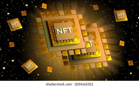 Golden Pack Of 2 NFT Non Fungible Token For Crypto Art On Isolated Background Based In Blockchain Technology And Disruptive Monetization In Collectibles Market 3d Rendering Illustration