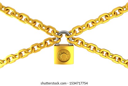 Golden padlock   chain isolated white background  Security concept  High quality 3D rendering 