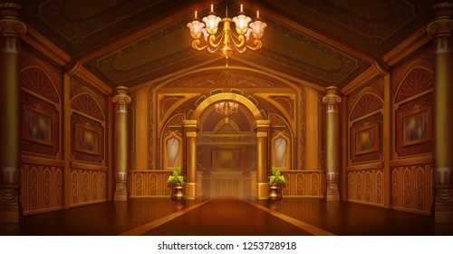 Golden Palace. Golden City. Castle Interior. Fiction Backdrop. Children Backdrop. Concept Art. Realistic Illustration. Video Game Digital CG Artwork. Nature Scenery.