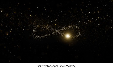 Golden particles with infinity symbol illustration on clean black copy space background.	
