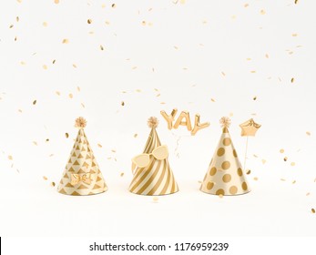 Golden Party hats and party accessories on white. 3d rendering. - Powered by Shutterstock