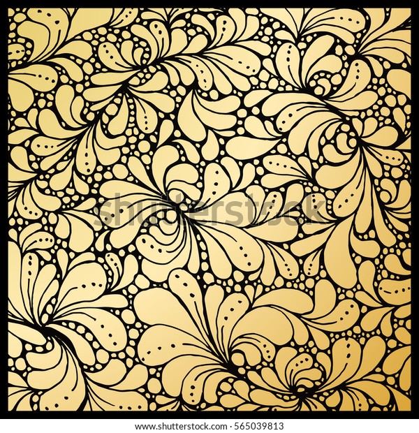 Golden petals or\
floral leafs ornament, paisley classic wallpaper design, black\
background. For gold menu and invitation cards, page decor. Luxury\
style lacy pattern with\
divider