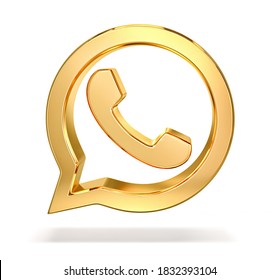 Golden Phone Icon In Speech Bubble Isolated On White. 3D Rendering