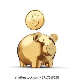 Golden Piggy Bank Isolated On A White. 3d Illustration