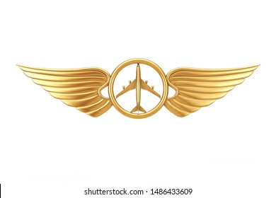 Golden Pilot Wing Emblem, Badge Or Logo Symbol On A White Background. 3d Rendering