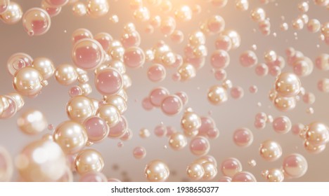 Golden and Pink liquid bubbles floating in air. Collagen bubbles. Concept for cosmetics. 3d Cosmetic molecule cream.