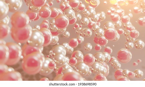 Golden And Pink Liquid Bubbles Floating In Air. Collagen Bubbles. Concept For Cosmetics. 3d Cosmetic Molecule Cream.