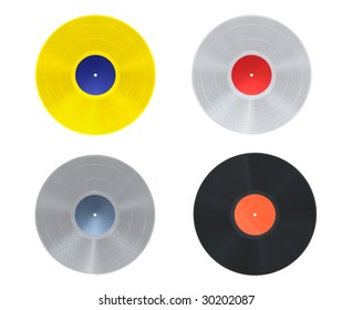 Golden, plaatinum, silver and black vinyl record on white background