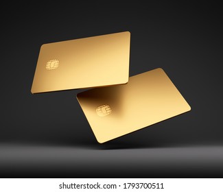 Golden Plastic Credit Cards Mockup, Dark Black Background, 3D Illustration