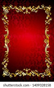 Golden Portrait Frame On Red Background For Celebration, Valentines Day, Wedding, Chrismas, Birthday