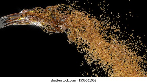 Golden Pouring Fluid Abstract 3d Render. Beer, Soda Fountain Realistic. Refreshing Flowing Beverage Isolated On Black Background. Cool Energy Drink Splash