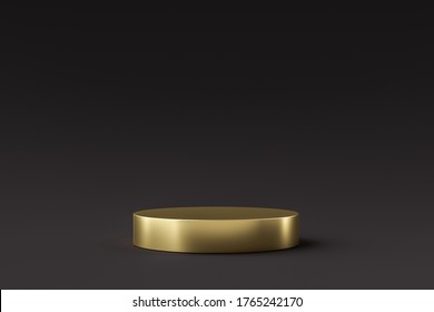 Golden Product Display Or Podium Stand On Black Background With Advertising Banner. Modern Pedestal For Design. 3D Rendering.