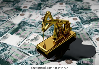 Golden Pumpjack And Spilled Oil On Russian Rubles. 3D Scene.