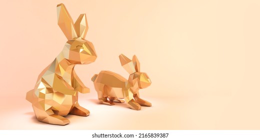 Golden rabbit on pink background,Golden 3d polygon rabbit,easter bunny,3D rendering
