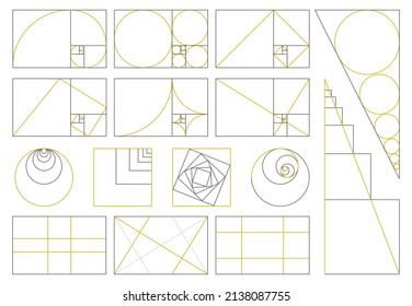Golden ratio, divine proportions, golden fibonacci numbers spiral. Golden proportion fibonacci array  illustration set. Sacred geometry proportion signs. Shapes in symmetrical harmony