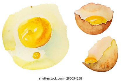 Golden Raw Egg, Fried Egg - Concept Isolated - Handmade Watercolor Painting Illustration On A White Paper Art Background. Set.