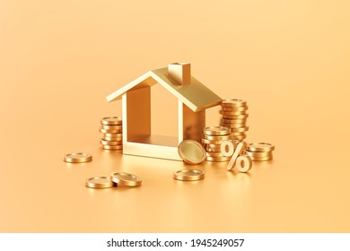 Golden real estate or home property investment on golden background with residential finance economy. 3D rendering.
