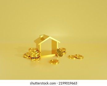 Golden Real Estate Or Home Property Investment On Golden Background With Residential. 3D Render.