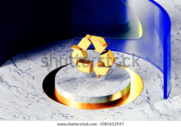 Golden Recycle Symbol on the White
Marble and Blue Glass Around. 3D Illustration of Golden Arrows,
Circle, Recycle, Refresh Icon Set With Blue
Glass.