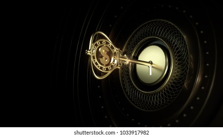 Golden Refined Key With A Dollar Sign Inserted In A Keyhole On A Dark Abstract Background. Concept Money Is The Key To Everything. Gold Opens The Door 3d Illustration