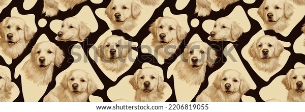 Golden retriever dogs in a seamless pattern wallpaper background illustration. Yellow doggies on a black background in an adorable animal print art. Fun graphic drawing texture featuring a pure breed.