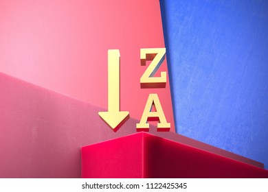 Golden Reverse Sort Alphabet Icon on the Blue and Pink Geometric Background. 3D Illustration of Gold Alphabet, By, Order, Reverse, Sort, Text, Z to a Icon Set With Color Boxes on Pink Background. - Powered by Shutterstock