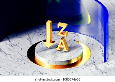 Golden Reverse Sort Alphabet Symbol on the White Marble and Blue Glass Around. 3D Illustration of Golden Alphabet, By, Order, Reverse, Sort, Text, Z to a Icon Set With Blue Glass. - Powered by Shutterstock