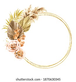 Golden round frame with dried plants for Wedding invitation or save the date, thank you, brochure, invite template and background. Watercolor hand drawn isolated illustration - Powered by Shutterstock