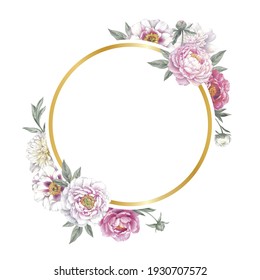 Golden round frame with peonies. Floral template for a wedding invitation cards and greeting cards. Isolated object on white background.  Hand drawn botanical illustration.  - Powered by Shutterstock