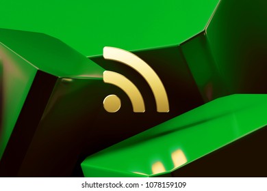 Golden Rss Feed Icon Around Green Glossy Boxes. 3D Illustration of Fine Golden Blog, Feed, News, Rss Icons on the Green Abstract Background.