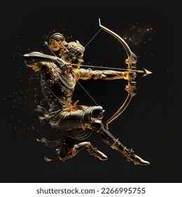 Golden Sagittarius zodiac sign against space background. Astrology calendar. Esoteric horoscope and fortune telling concept.