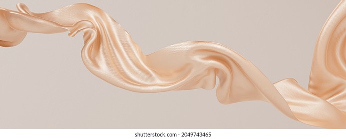 Golden satin cloth design element, isolated piece of blowing fabric wave, elegant textiles 3d rendering
