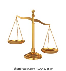 Golden Scales Of Justice Isolated On A White Background, 3D Render