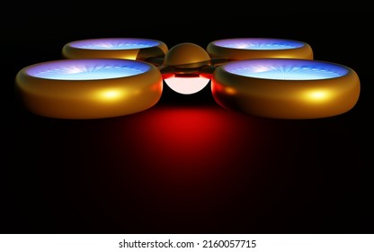 Golden sci-fi drone equipped with four powerful thrusters and a central tracking system with artificial intelligence. The flying machine projects a red light on the dark background. 3d rendering.
