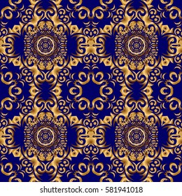 Golden seamless pattern on a blue background. Luxury gold pattern.