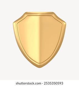 Golden shield icon with a smooth, shiny surface. The shield has a classic, symmetrical shape. Golden shield symbolizes protection and security. Cute 3d security illustration of golden shield.