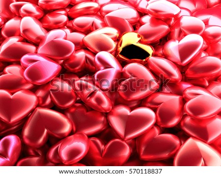 Golden shining heart on a background of red shiny hearts. Beautiful festive backdrop for Valentine's day. Concept of love, dating, marriage. 3d render.