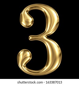 Golden shining metallic 3D symbol number three 3 isolated on black