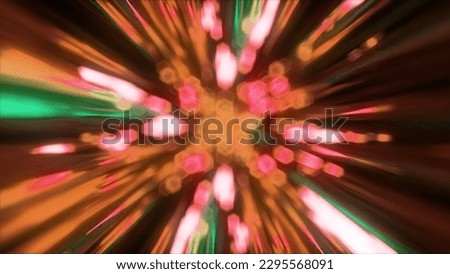 Golden shining rays of light fly through space on a dark background. Bokeh. Blur. Sparks. High quality 3d illustration