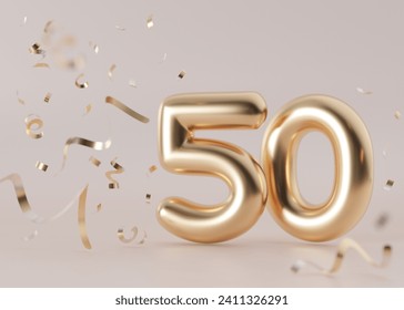 Golden, shiny number fifty on beige, neutral background with falling confetti. Symbol 50. Invitation for a fiftieth birthday party or business anniversary. 3D render. 3D Illustration - Powered by Shutterstock