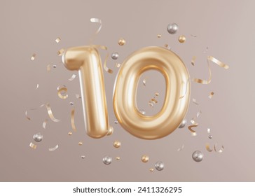 Golden shiny number ten and confetti on beige, neutral background. Symbol 10. Tenth birthday party, business anniversary. Festive event. Elegant, luxury numbers. 3D render. 3D Illustration - Powered by Shutterstock