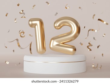 Golden shiny number twelve on beige, neutral background with falling down confetti. Symbol 12. Invitation for a twelfth birthday party or business anniversary. 3D Render. 3D Illustration - Powered by Shutterstock