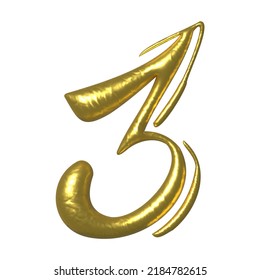 Golden Shiny Unique Calligraphic Numeral THREE 3 - 3D Illustration