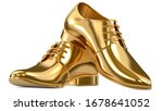 Golden shoes as a concept of luxury expensive high-quality shoes. 3d rendering illustration of a pair of fashionable gold mens shoes isolated on white background.