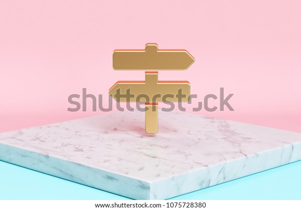   \
Golden Signs on Map Icon on the Candy Background . 3D Illustration\
of Golden Arrows, Directions, Map, Signs, Way-Finding Icons on Pink\
and Blue Color With White Marble. \
